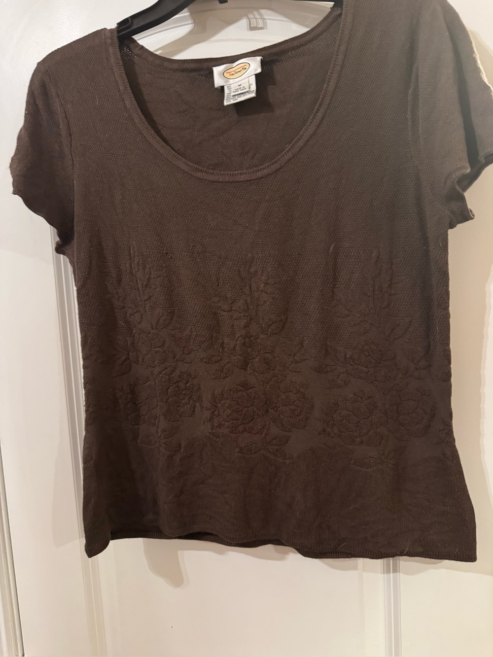 Talbots Brown Floral Embossed Short Sleeve Scoop Neck Tee
